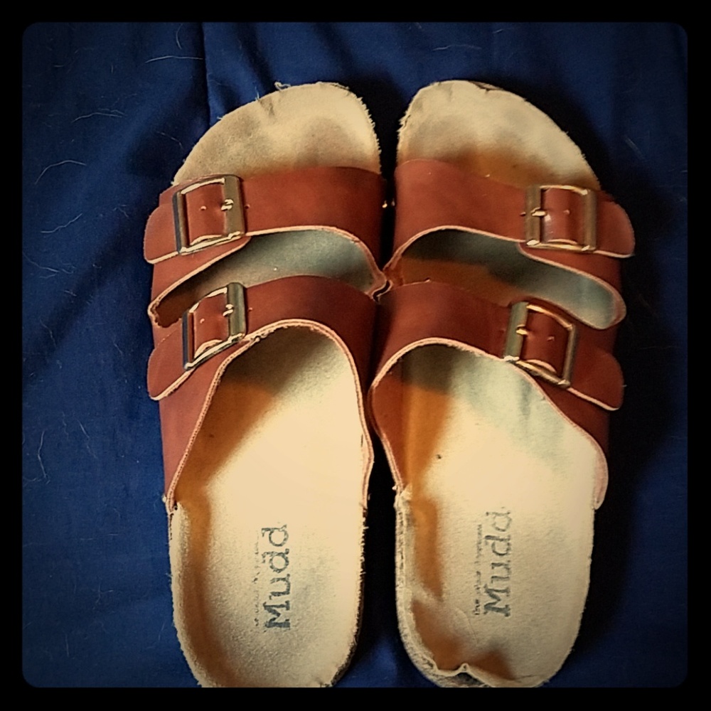 Corkbed slip on two strap sandals.